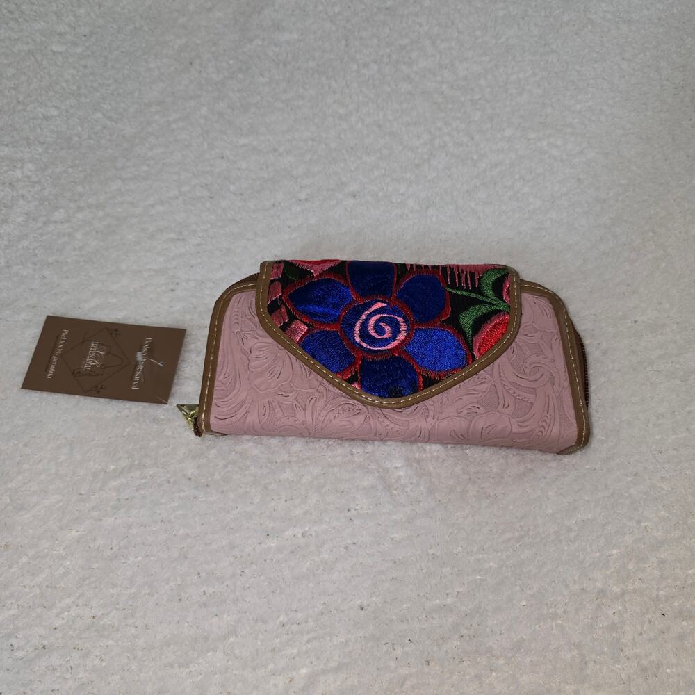 Handmade Mexican Pink Embossed Leather Wallet with Floral Embroidery